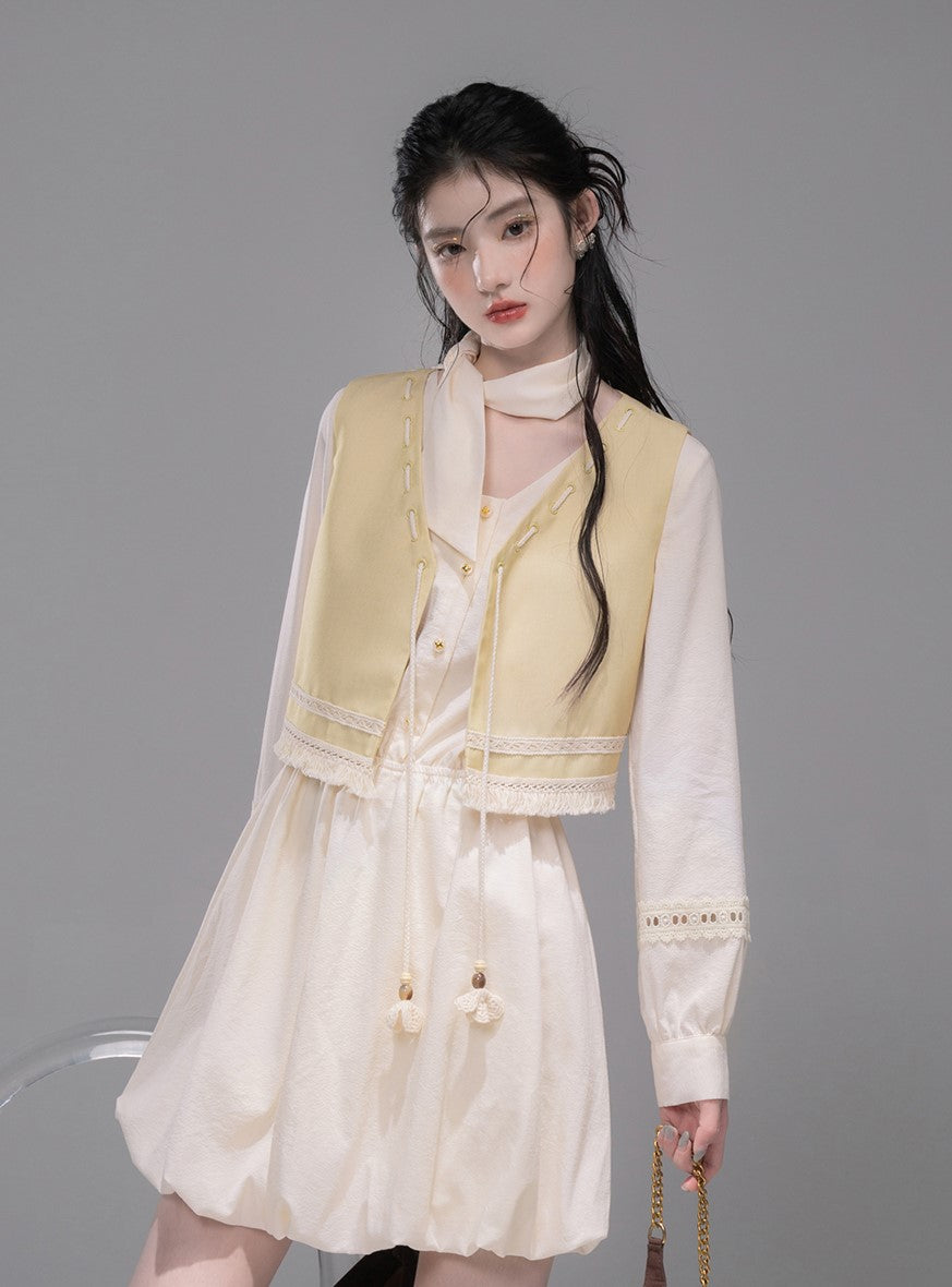 Custard Vest/Lace White Shirt Dress COT0336