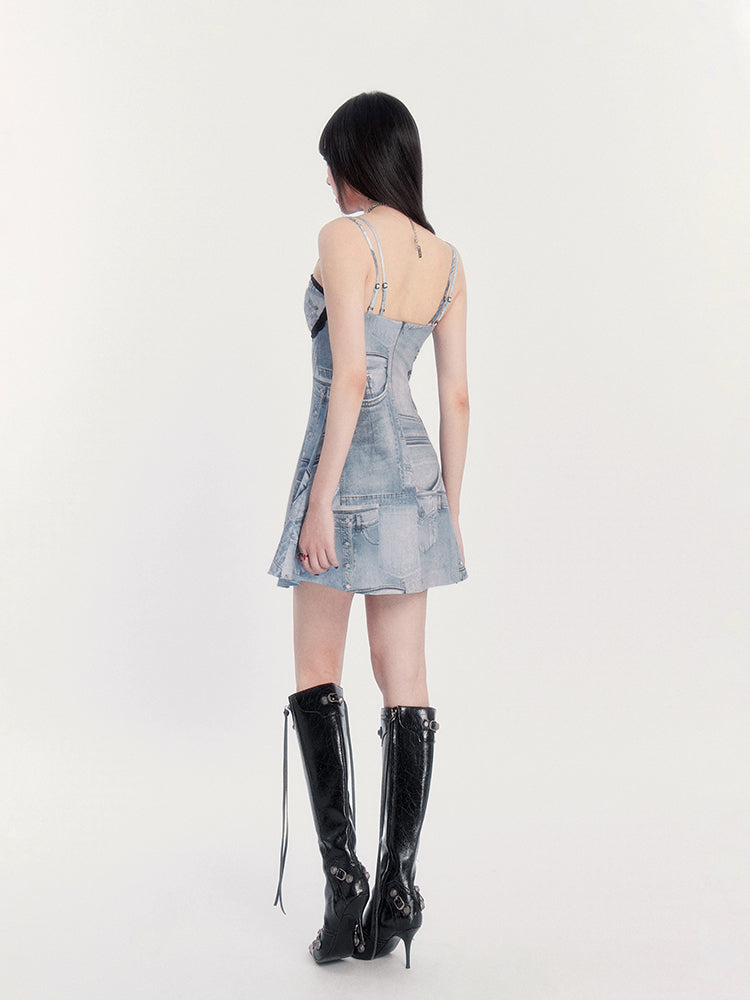 Retro Imitation Denim Suspender Dress VOC0192
