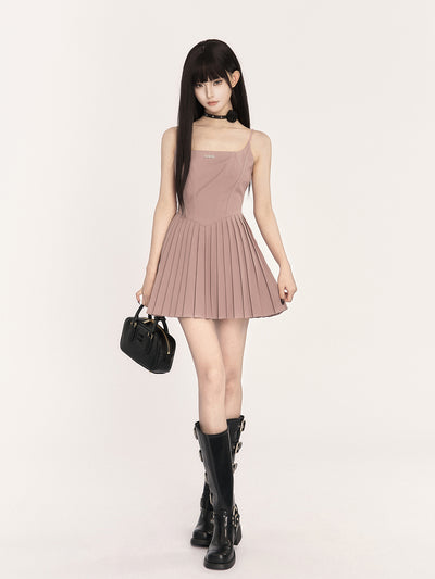 Square Neck Suspenders Pleated Dress VOC0415
