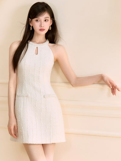 White Halter Neck Beaded Dress OSH0134
