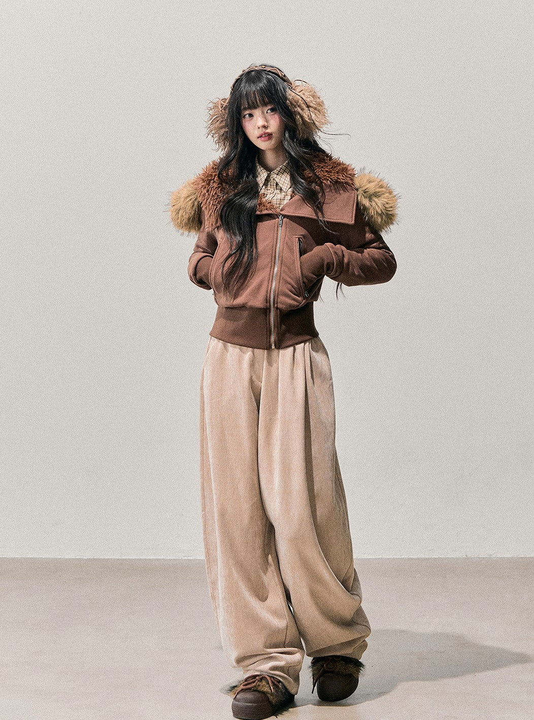 Brown Detachable Shearling Collar Jacket DIA0752