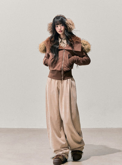 Brown Detachable Shearling Collar Jacket DIA0752