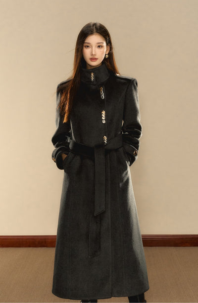 Gray High-grade Pearl Gold Button Long Wool Coat OSH0077