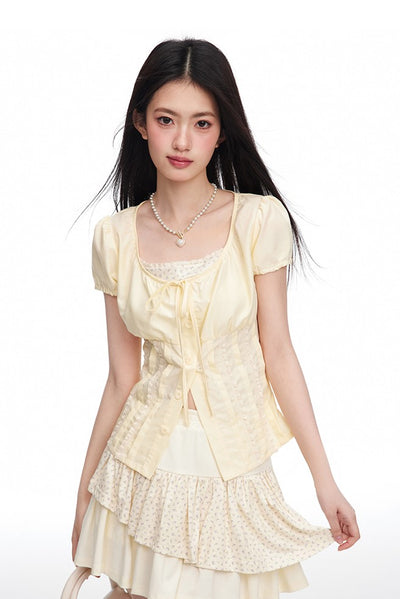 Light Yellow Puff Sleeve Pleated Fake Two-piece Shirt/Cake Skirt NTO0088