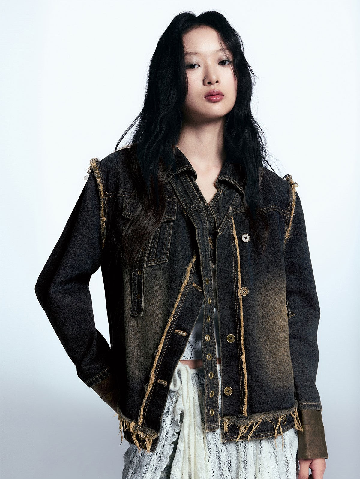 Deconstructed Cuffs Leather Loose Washed Denim Jacket CES0063
