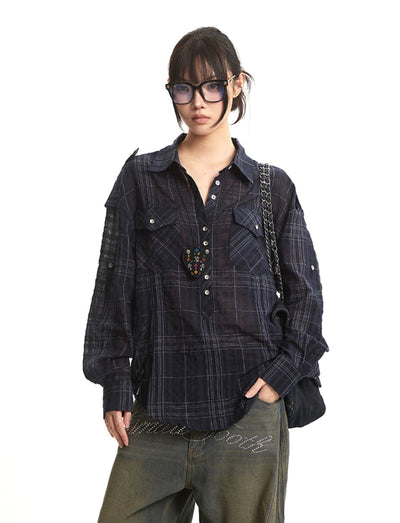 Retro Navy Plaid Long Sleeve Shirt UNC0275