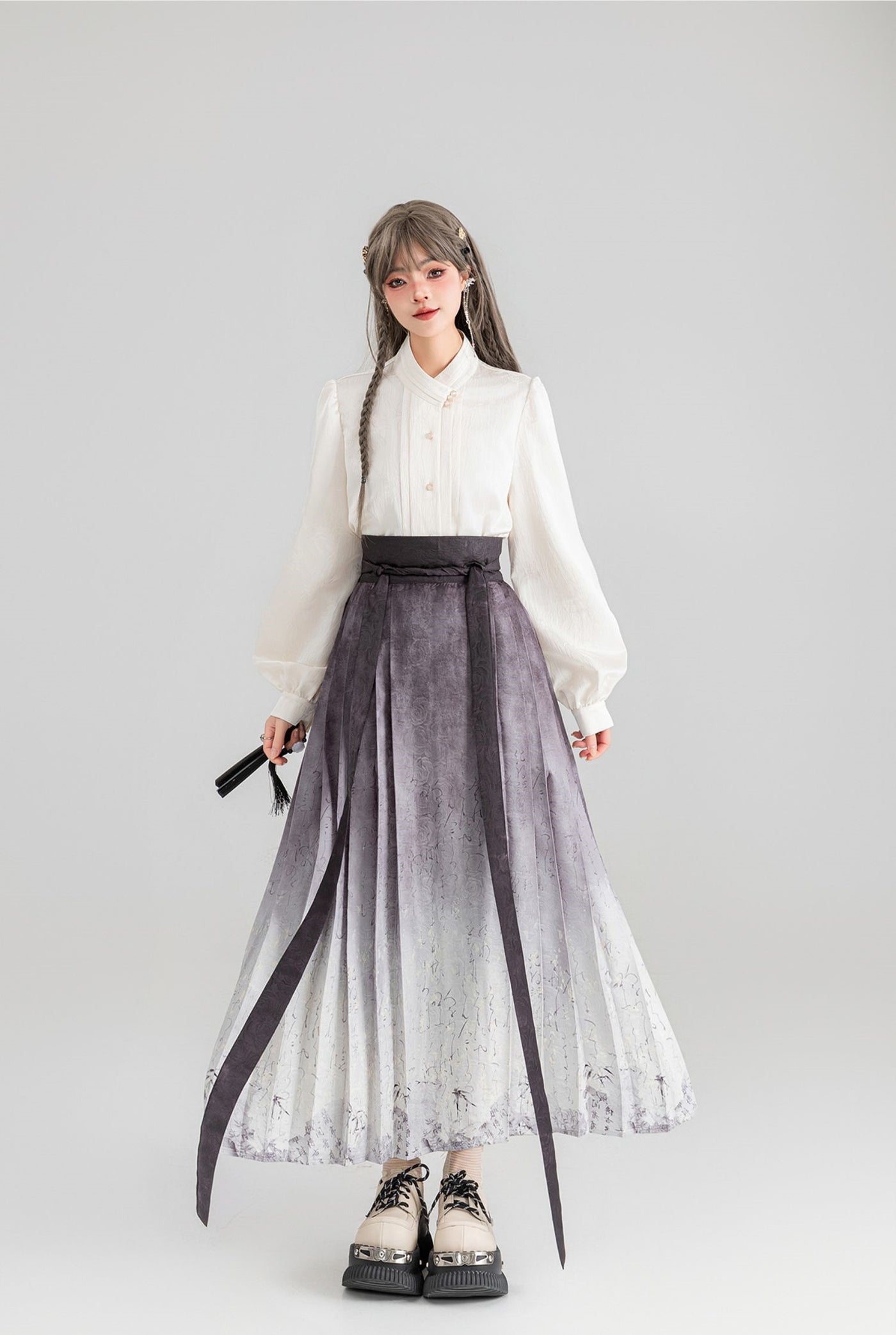 Ancient Style Wind Print Pleated Long Skirt KEI0064