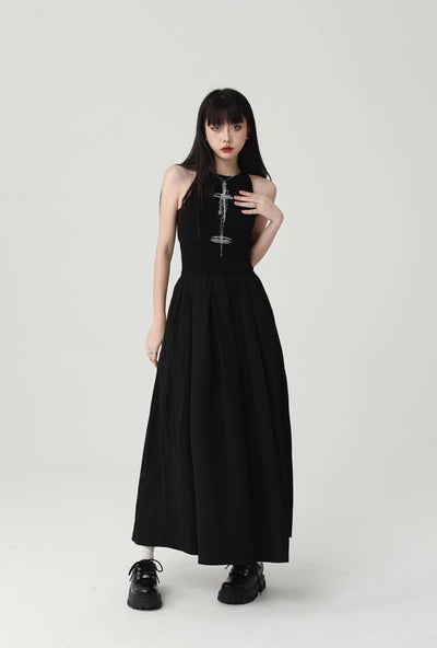 Black Sleeveless Suspender Long Dress LAD0094