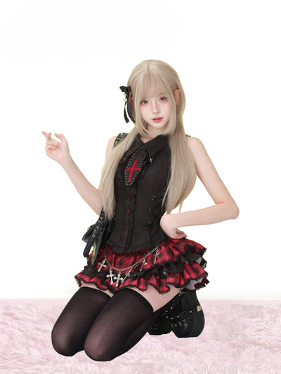 Bow Tie Sleeveless Top/Red Checkered Skirt SER0170