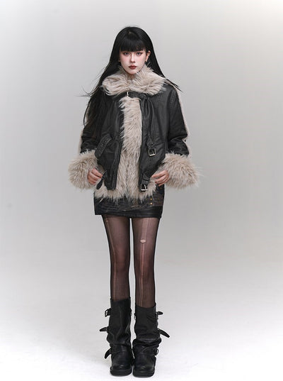 Eco-friendly Large Fur Collar Leather Jacket LAD0122