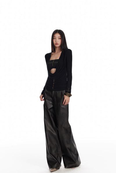 Black Low Waist Slim Wide Leg Straight Leather Pants 4MU0069