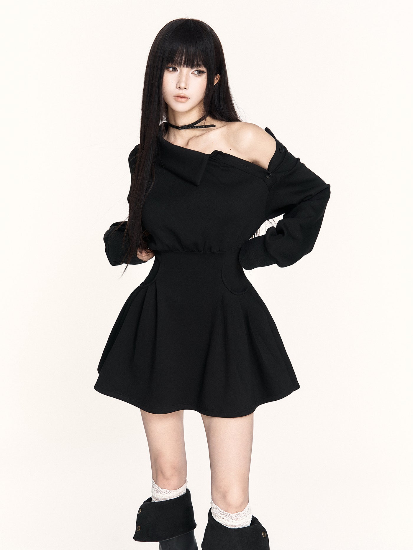 Off-Shoulder Long-Sleeved Sweatshirt Dress VOC0458