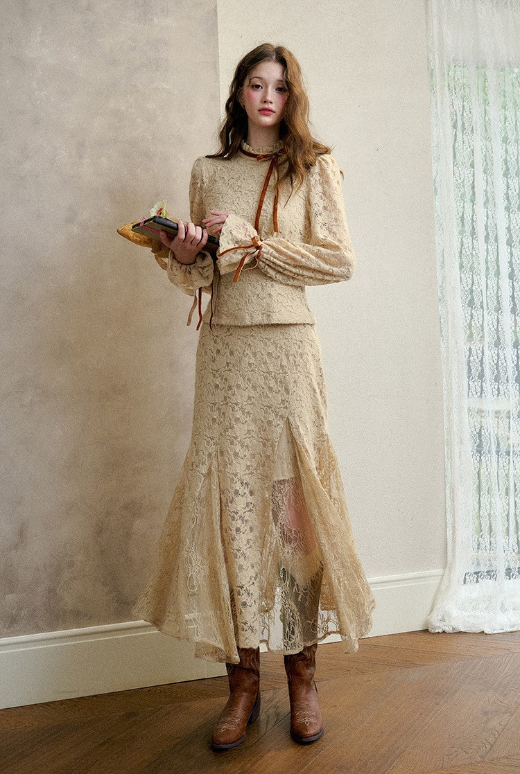 Quiet Forest Tan Brown Fluffy Lace Shirt/Long Skirt GRO0085