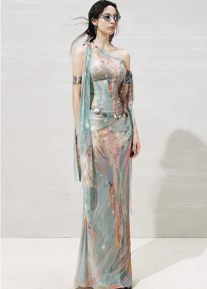 Ribbon Off-shoulder Asymmetric Top+Skirt OFA0268
