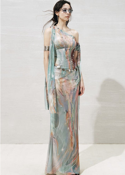Ribbon Off-shoulder Asymmetric Top+Skirt OFA0268
