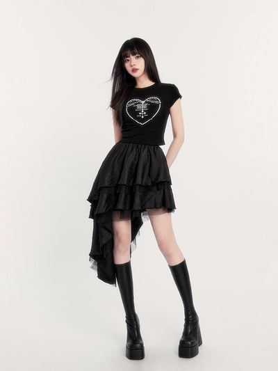 Micro-elastic Dark Rhinestone Heart Printed Short Sleeve T-shirt VOC0238