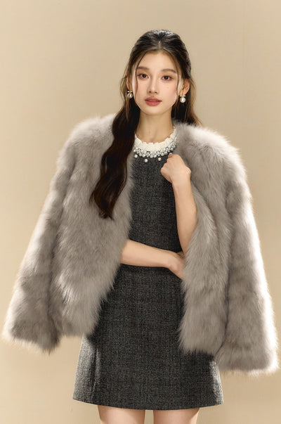 High-grade Gray Fur V-neck Short Coat OSH0085