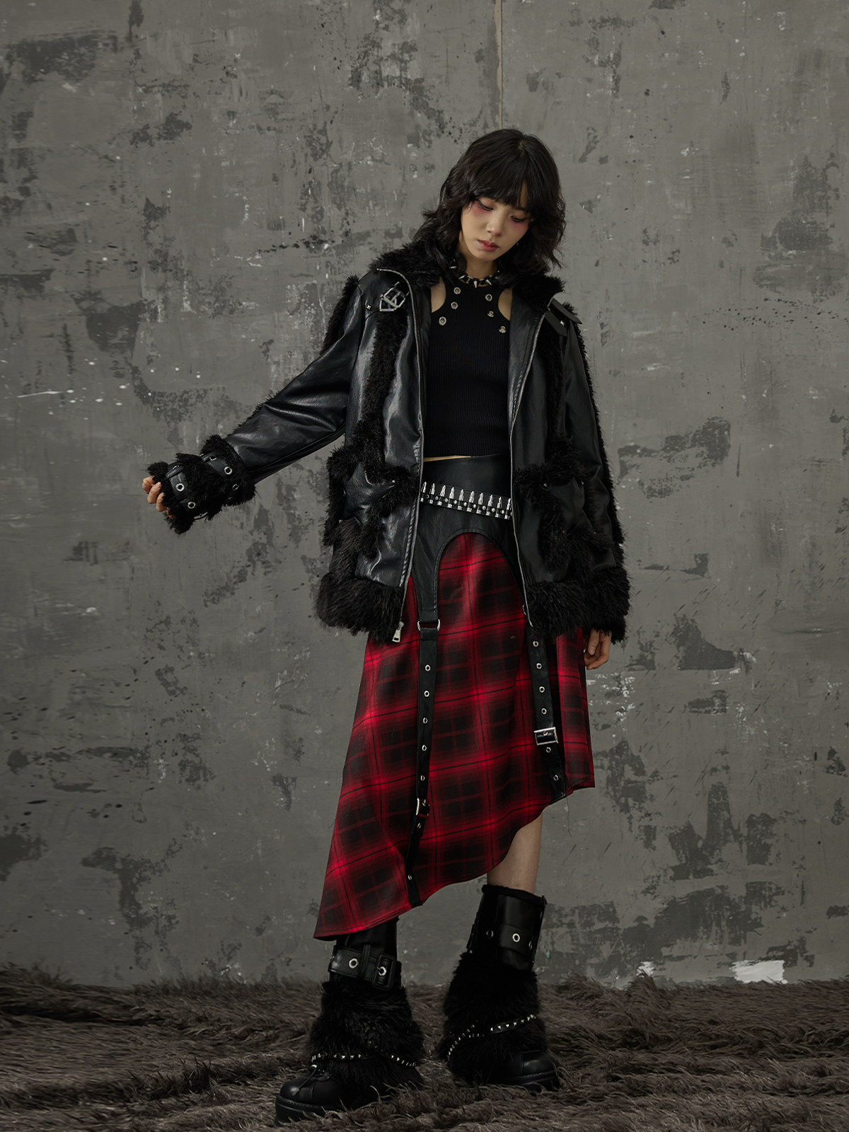 Punk Star Pocket Fur Patchwork Coat FRU0046