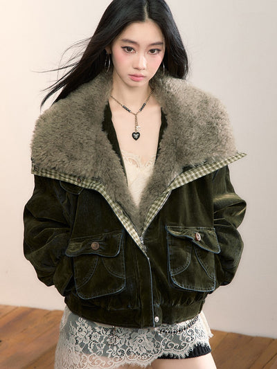 Velvet Denim Large Fur Collar Jacket VIA0362