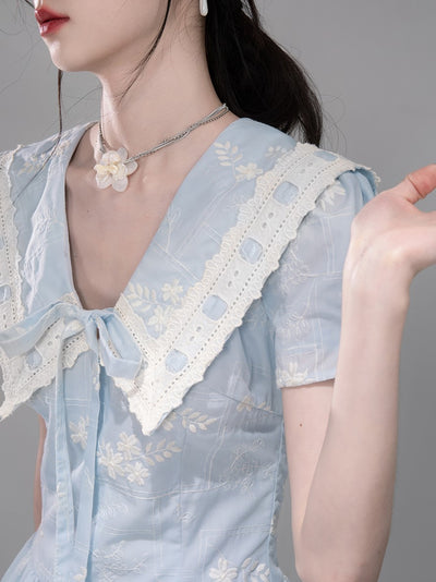 Blue Lace Collar Short Sleeve Dress COT0320
