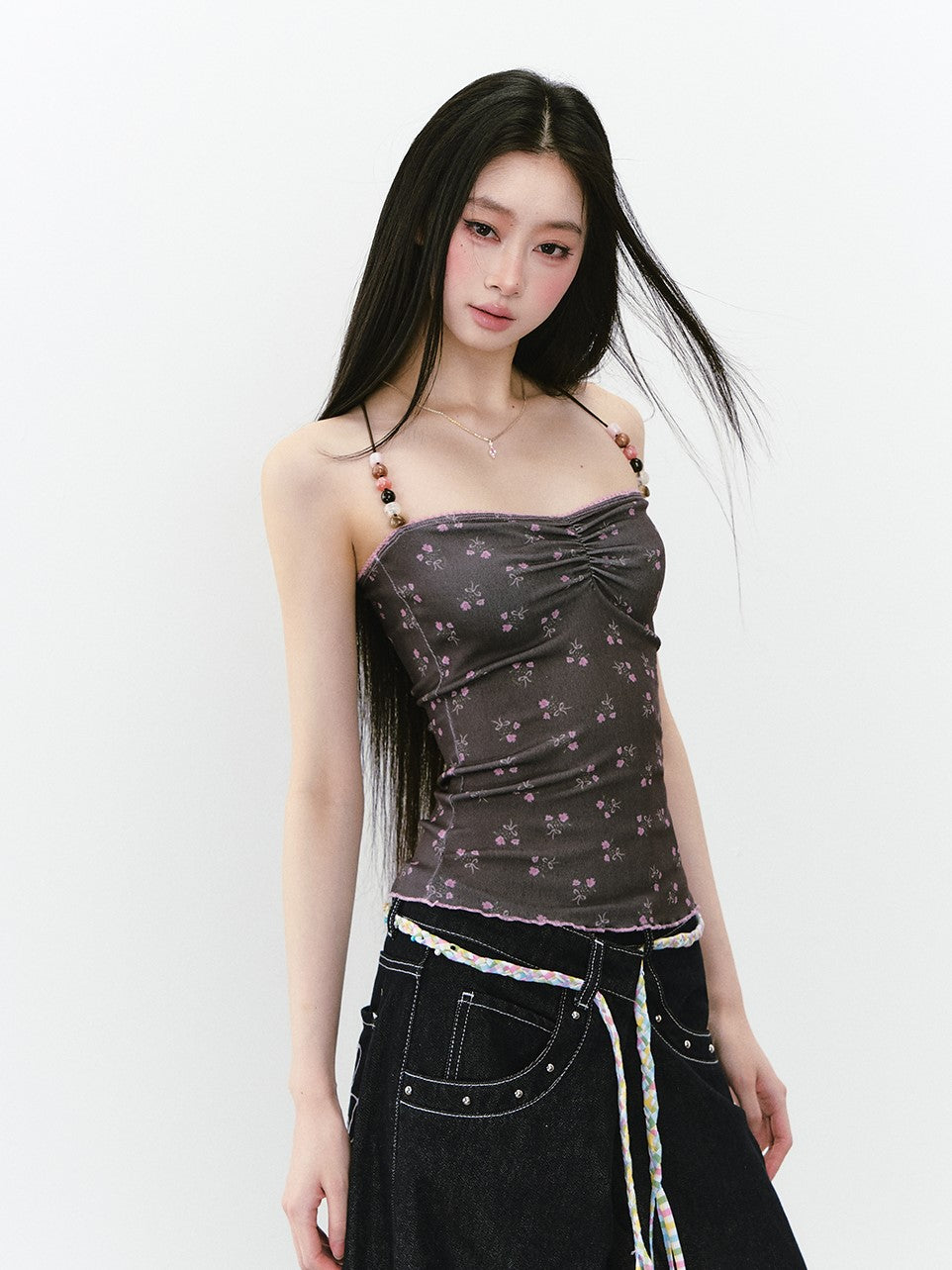Beaded Straps Floral Camisole VIA0252