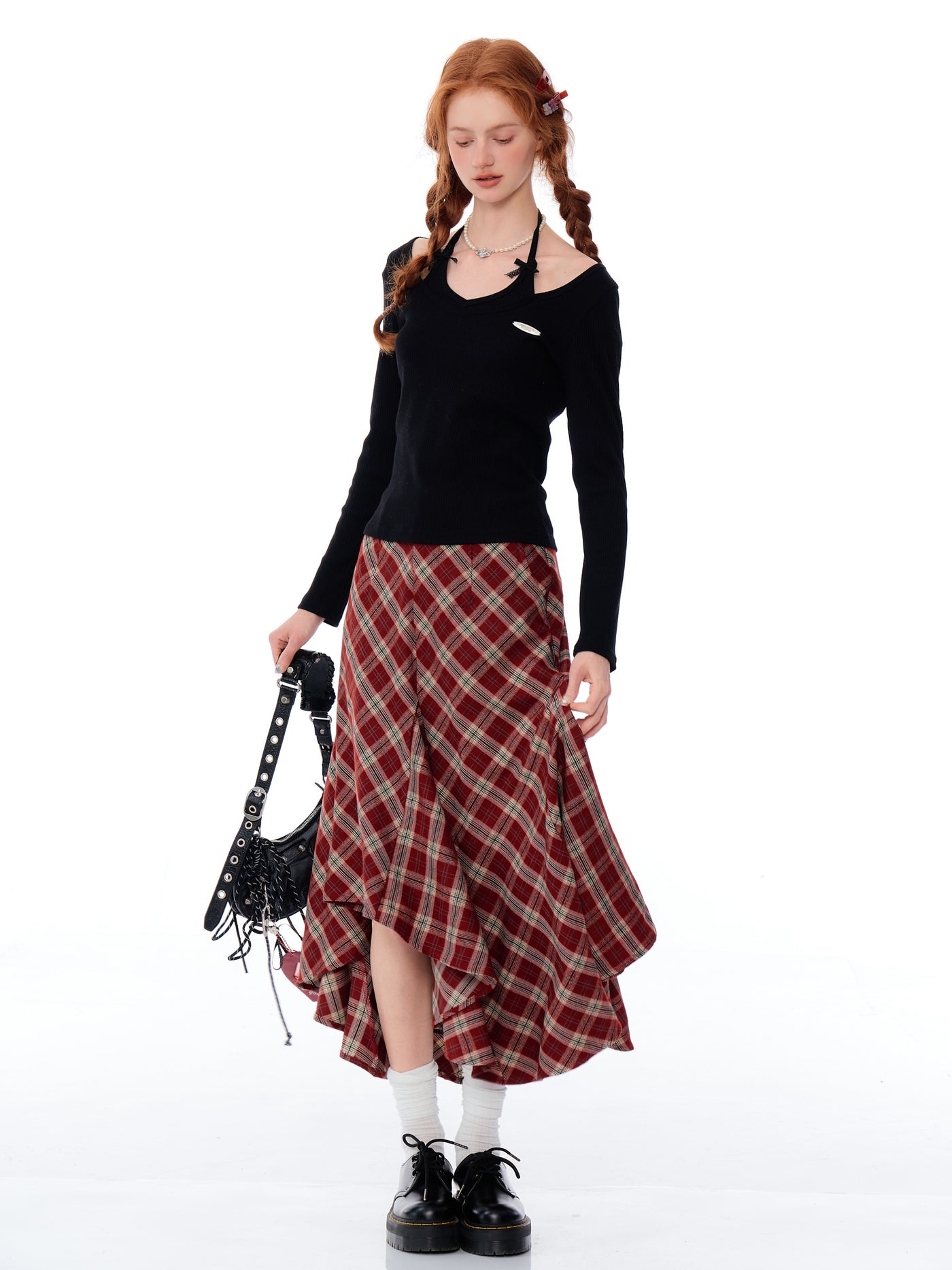 Retro High Waist Slim Medium Long Irregular Red Plaid Skirt ZIZ0190