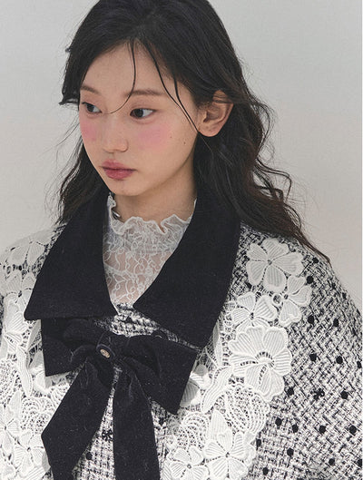 Detachable Bow Lace Plaid Coat DIA0767