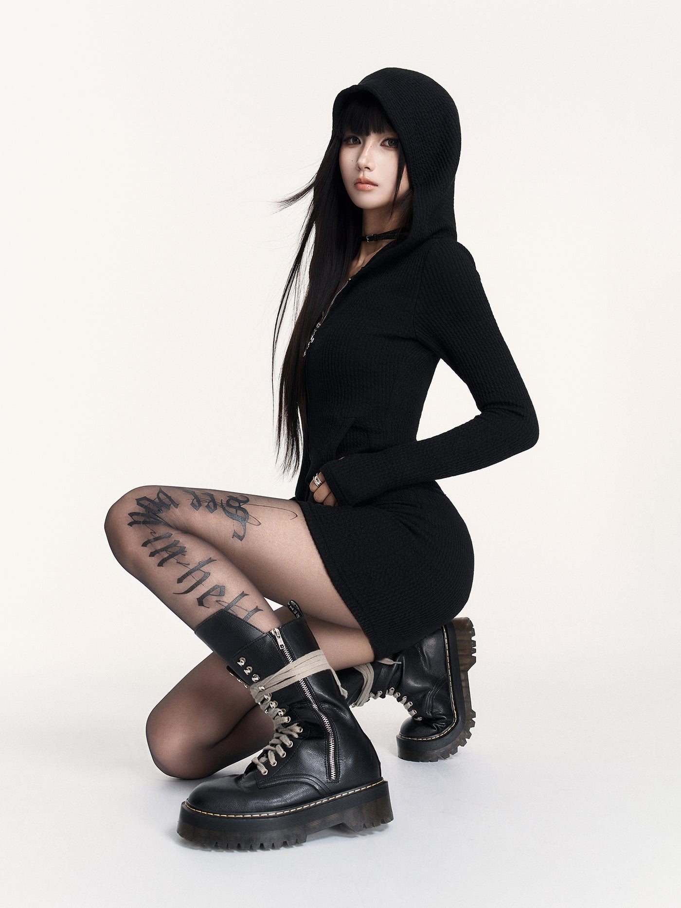 Black Cross Hooded Sweatshirt Dress VOC0478