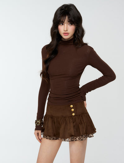 Suede Pleated Leopard Print Short Skirt 4MU0174