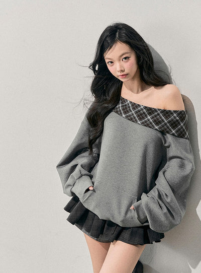 Off-Shoulder Plaid Sweatshirt DIA0765