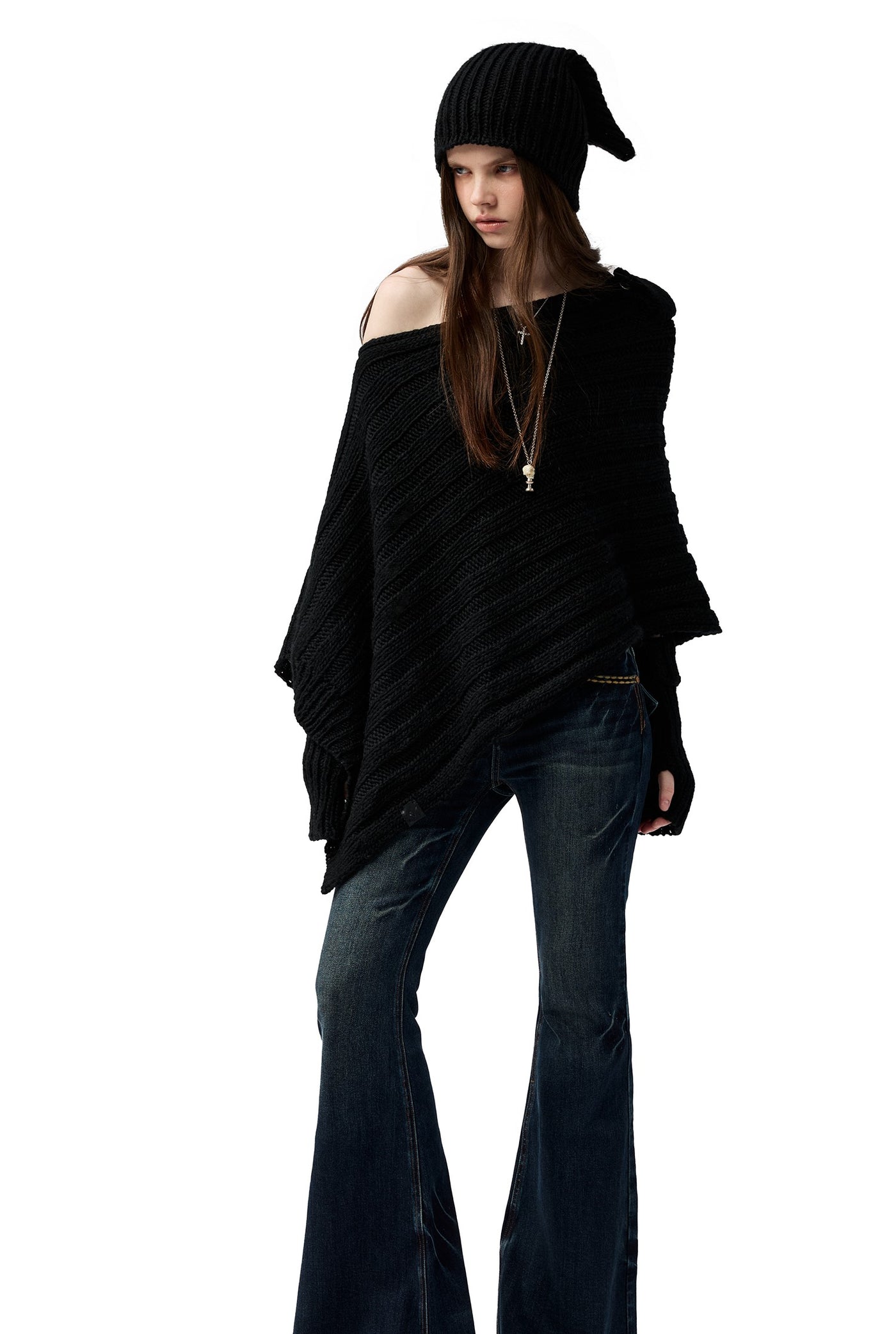 Black Irregular Sweater/Neck Warmer+Arm Sleeves 4MU0153
