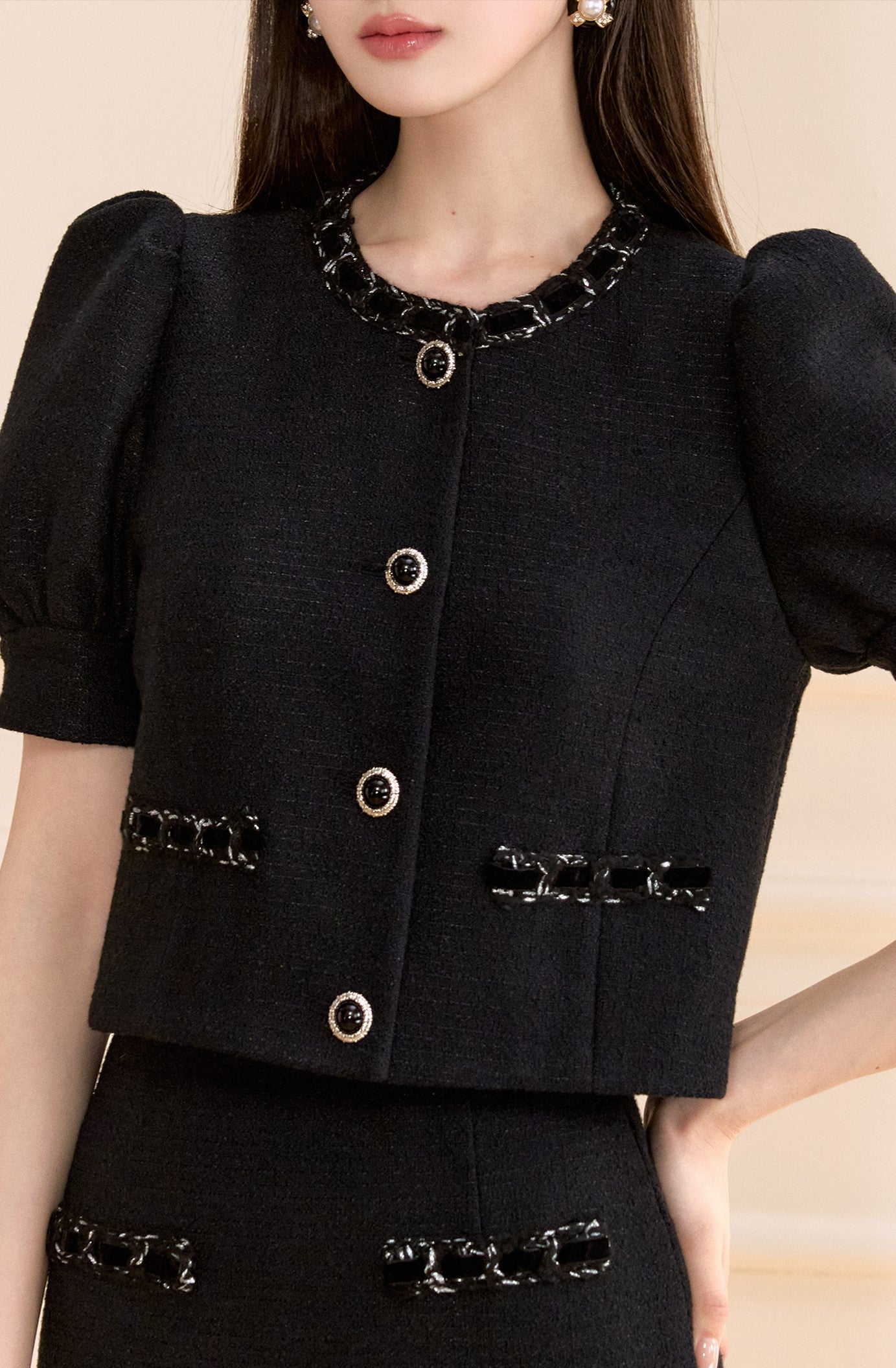 Black Puff Sleeves Short Jacket/Skirt OSH0148