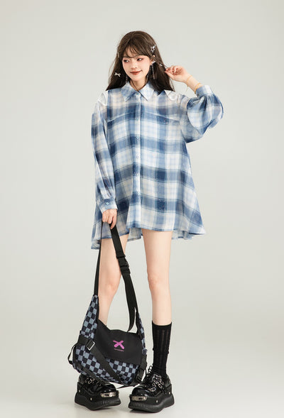 Butterfly Embroidered Plaid Long-sleeved Shirt KEI0128