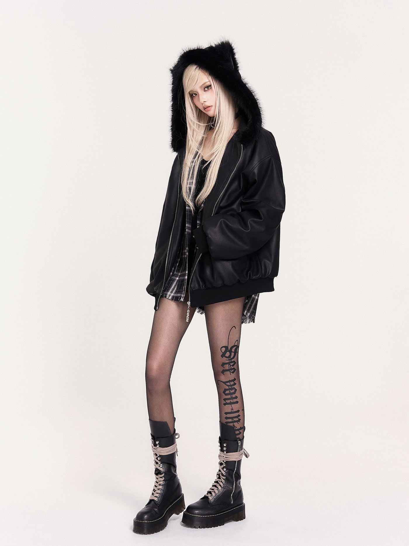 Fur Collar Cat Ears Hooded Leather Jacket VOC0466