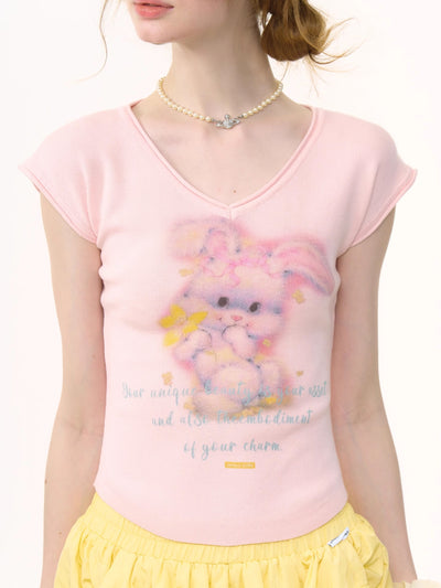 Rabbit Print V-neck T-shirt ZIZ0254