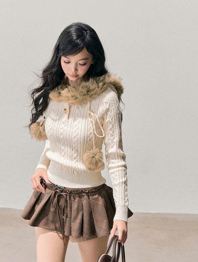 Fur Hooded Cable Knit Sweater DIA0768
