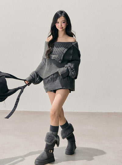 Gray Off-Shoulder Loose Sweater DIA0723