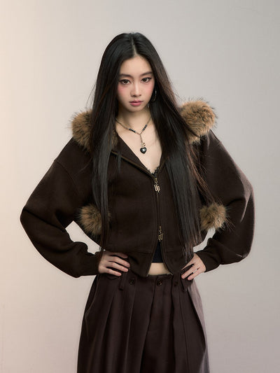 Fleece Pompon Fur Collar Sweatshirt Jacket VIA0355