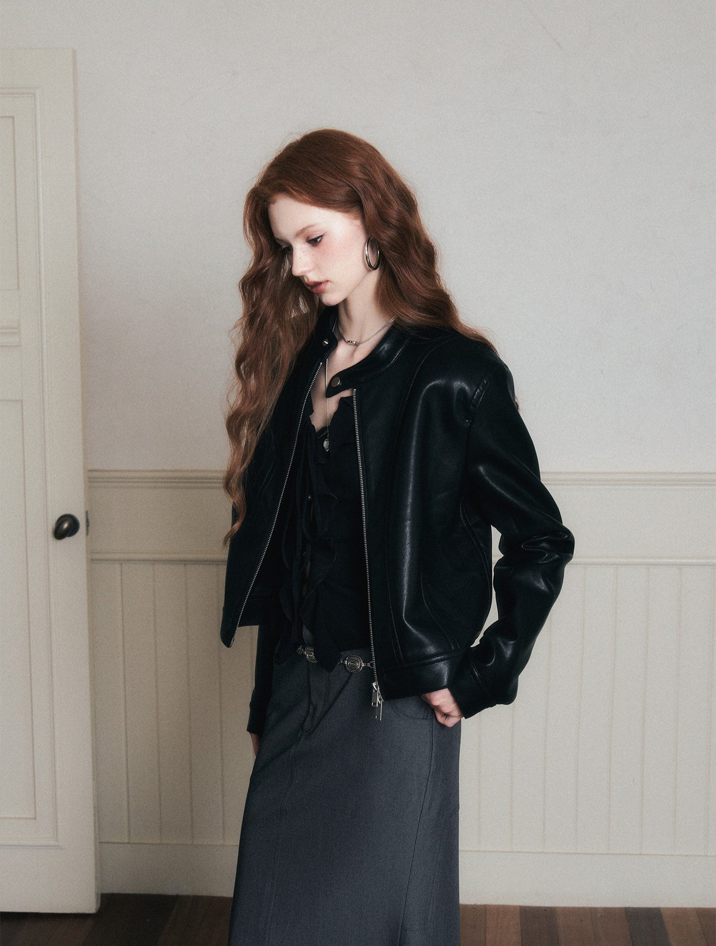 Stand Collar Black Leather Jacket LUL0173