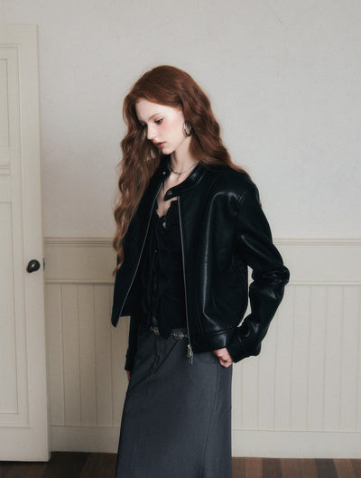 Stand Collar Black Leather Jacket LUL0173