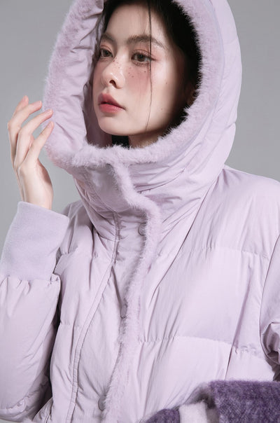 Taro Purple Hooded Fur Stripe Down Jacket COT0186