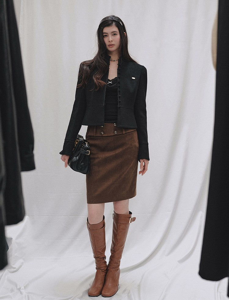 Ruffled Stand Collar Short Woolen Jacket LAL0248