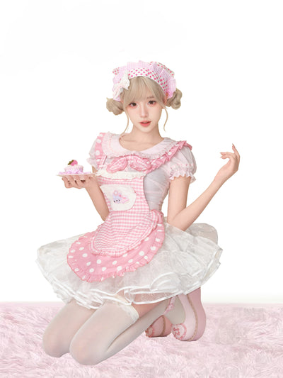 Pink Bow Shirt/Plaid Apron/White Skirt SER0158