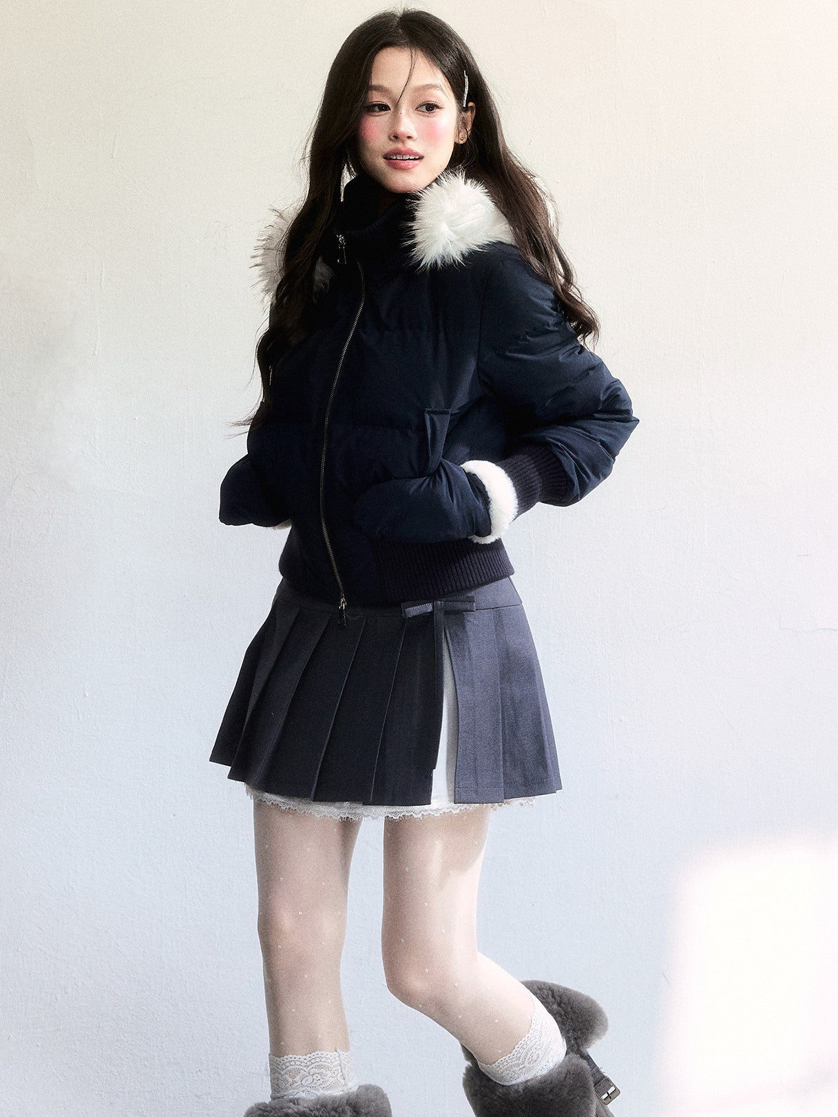 Fur Collar Two-Tone Short Down Jacket FRA0495