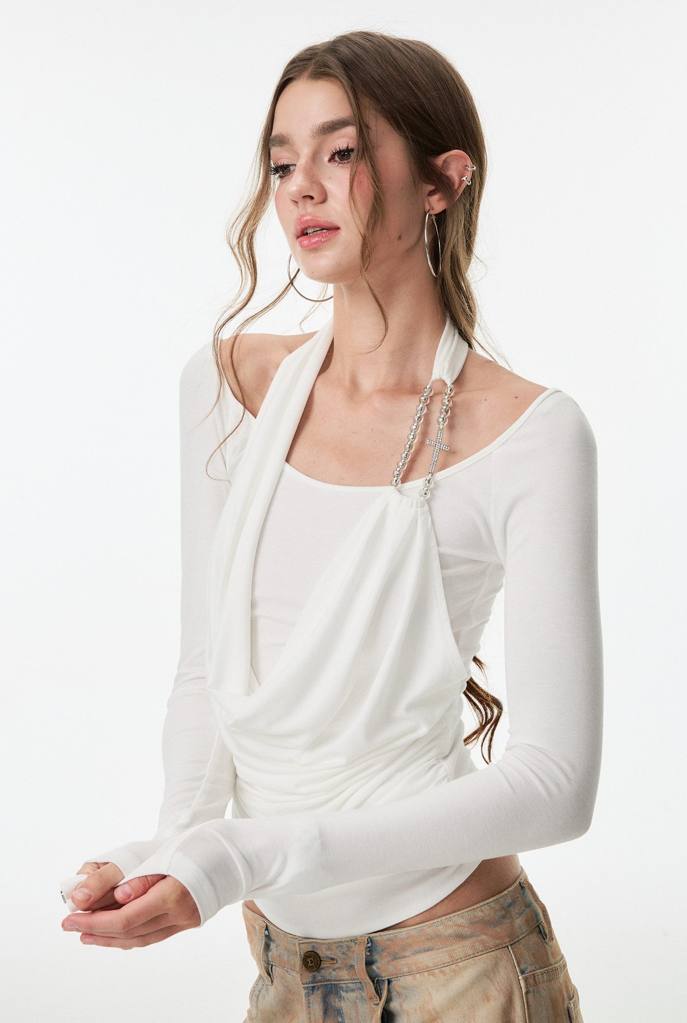 Cross Rhinestone Long Sleeves Top 4MU0157