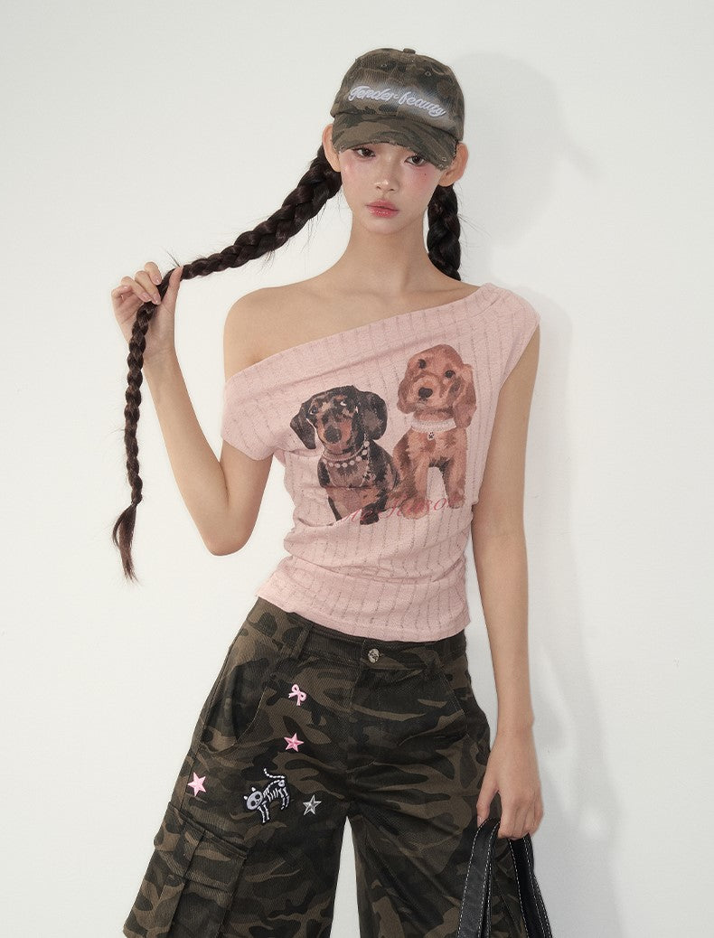 Puppy Print Drop Shoulder T-shirt SOO0006