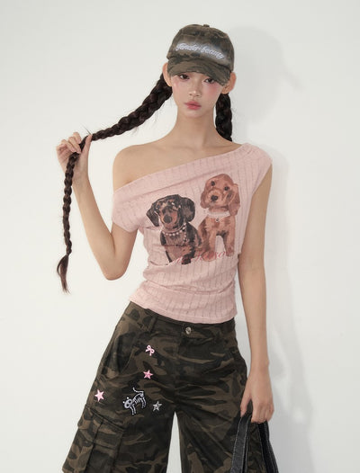 Puppy Print Drop Shoulder T-shirt SOO0006