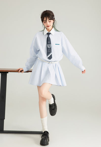 Blue Striped Polo Collar A-line Pleated Shirt Dress KEI0123