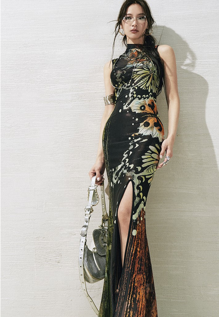 Butterfly Print Slit Dress OFA0273