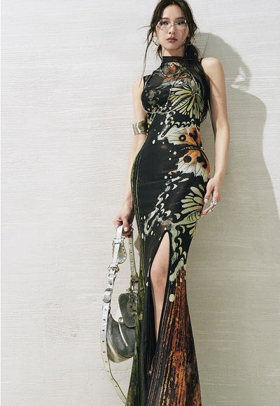 Butterfly Print Slit Dress OFA0273